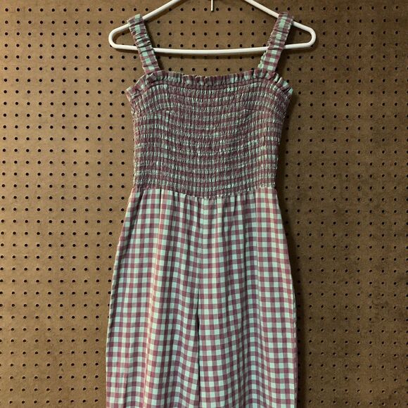 Find Me Now Jumpsuit Romper Gingham Smocked Medium Anthropologie Pink Mint Green